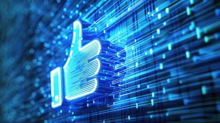 A glowing thumbs-up symbol amidst a digital, data-like background.