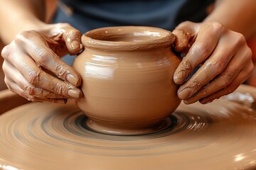 hands throwing clay on a pottery wheel, crafting a simple and smooth mug