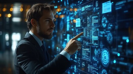 Businessman using a digital document management system with a data flow diagram and paperless documents online on a virtual screen