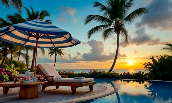 A luxurious tropical poolside scene at sunset, complete with lounge chairs and an umbrella.