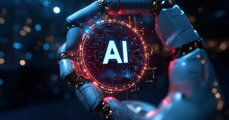 robotic hand holding an AI icon with the text "AI" on it