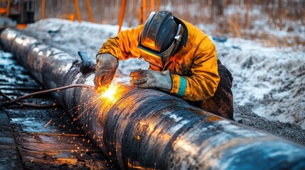 Obraz premium Worker welding a large pipe in an industrial setting.