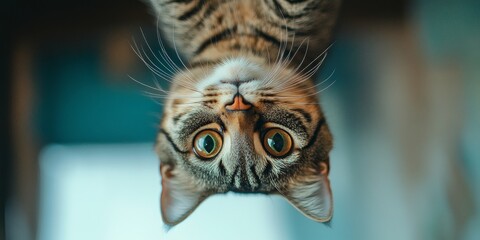 Upside down cat exhibiting feelings of anger, captured beautifully in a striking 16 9 aspect ratio, highlighting the intense emotion of fury.