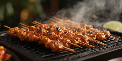 Grilled chicken satay on a grill plate emits flavorful smoke, showcasing the essence of chicken satay as a popular Asian street food. Experience the rich taste of chicken satay in the market