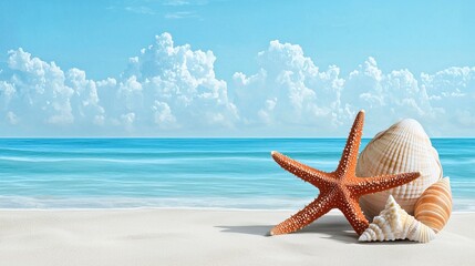 Seashells & Starfish on Beach, Summer Ocean - Vibrant colors