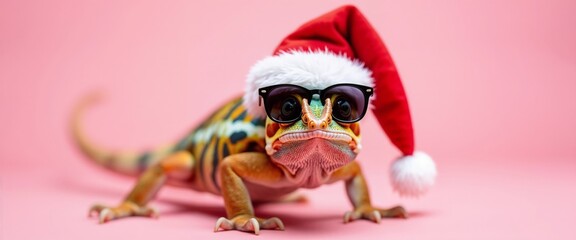 Lizard Wearing Santa Hat and Sunglasses, Bright Pink Background.Christmas humor, fun decoration, animal attire, playful vibe, holiday spirit, marketing material.