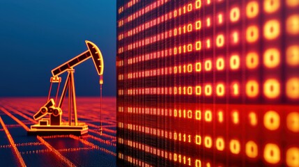 A digital illustration featuring an oil pump jack against a backdrop of binary code, symbolizing the intersection of energy and technology.