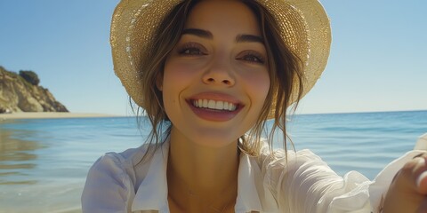 A woman wearing a blue hat and sunglasses is smiling at the camera on a beach