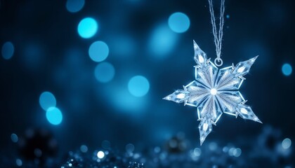 Winter banner with space for text, snowflake hanging on a thread, blue shimmering background.Christmas greeting, event promotion, holiday invitation, festive mood, seasonal marketing materials.