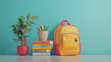 a yellow backpack and a potted plant on a table