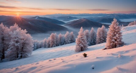 Sunrise Over Frosty Mountains Background: A Breathtaking Winter Landscape with Snow-Covered Trees and a Golden Sky