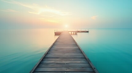 Wooden footbridge on a serene beach at sunset, perfect for meditation or yoga. Tranquil sea views create a calming journey for the mind and body