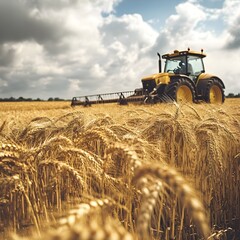 Fototapeta premium A photo of a farmer operating a tractor in a golden wheat field.
