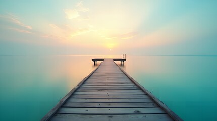 Fototapeta premium Wooden footbridge on a serene beach at sunset, perfect for meditation or yoga. Tranquil sea views create a calming journey for the mind and body
