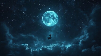 witch flying in the sky with a full moon in the background