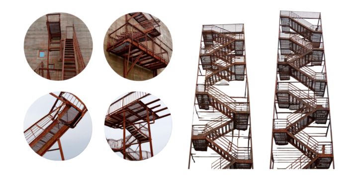 Rusty Industrial Fire Escape Stairs Design, PNG collection, set bundle, isolate on transparent or white background