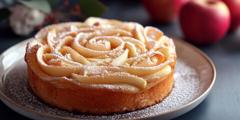 Fototapeta premium Delightful apple rose cake elegantly dusted with powdered sugar, served on a petite plate, showcasing the exquisite design of the apple rose cake that is both beautiful and appetizing.