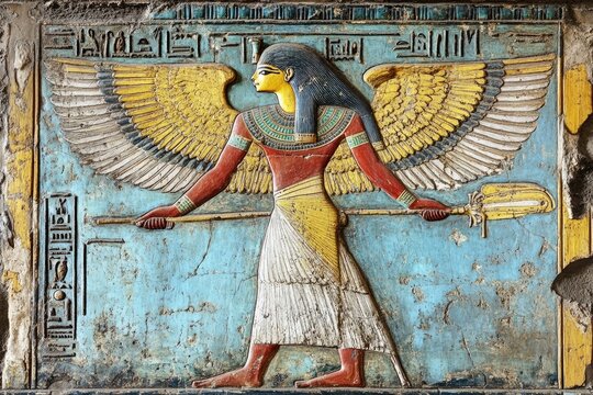 Winged goddess ma'at holding ankh and was scepter in ancient egyptian tomb painting