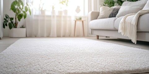 Clean white color carpet in a cozy living room setting, showcasing a soft textile texture that enhances the serene ambiance of the space. Experience the elegance of this pristine white color carpet.