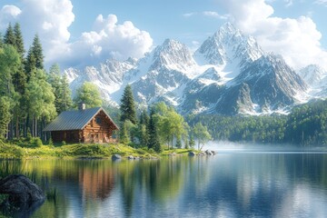Fototapeta premium Secluded cabin, tranquil lake, majestic mountains.