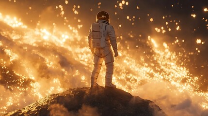 An astronaut standing on an asteroid near a temporal rift, dynamic light patterns spiraling into infinity, cinematic lighting creating dramatic highlights, hd quality,