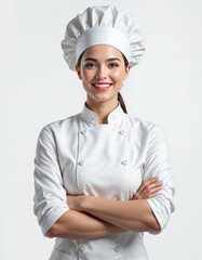 Happy chef in white uniform holding spatula and whisk, ideal for food blogs, cooking websites, and culinary design projects.