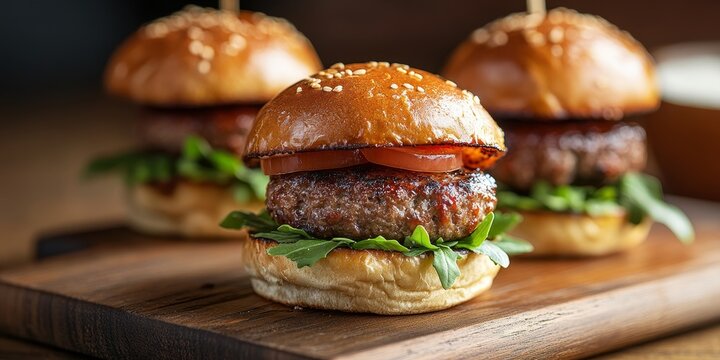 Close up of a delicious burger slider presented on a wooden cutting board, showcasing the tasty details of the burger slider in an inviting and appetizing manner.