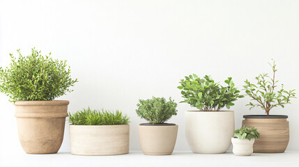 Fototapeta premium Assorted gardening pots and planters with various plants on bright white background, creating fresh and vibrant atmosphere. Perfect for home decor and gardening enthusiasts