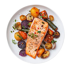 Baked Salmon with Roasted Vegetables on White Ceramic Plate for Healthy Balanced Dinner Meal