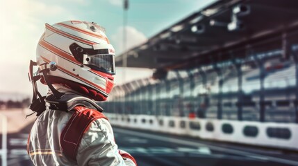 Obraz premium A race car driver in a helmet stands at a racetrack, ready for competition.