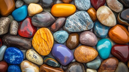 A vibrant background featuring smooth, multi colored stones in various shades, creating a visually appealing display of different stones that enhances any creative project.
