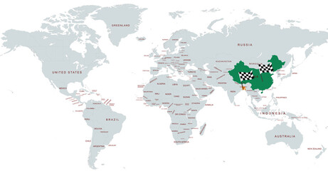 World Map Highlighting Specific Countries  bangladesh and china with Geographical Details