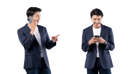 A man in a suit is holding a cell phone and smiling