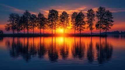 Obraz premium Sunset silhouettes, trees reflected in still water.