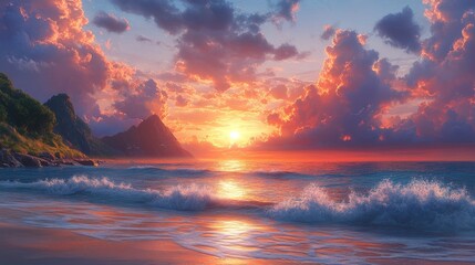 Sunset beach scene, fiery sky, ocean waves.
