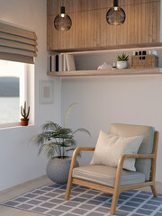 Cozy Scandinavian home relaxation corner features a minimalist armchair, a houseplant by the window