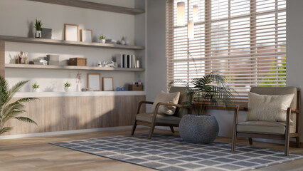 The interior design of a contemporary minimalist living room featuring wooden armchairs and decor.