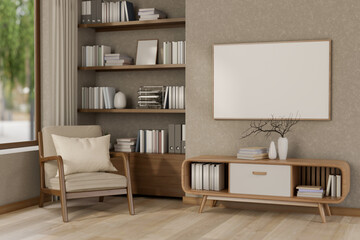 Minimalist contemporary living room features a picture frame mockup on the wall and stylish accents.