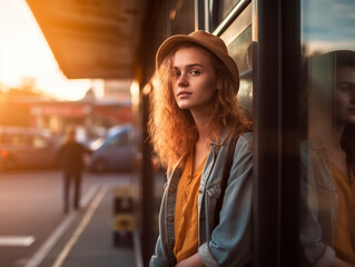 Young woman in casual outfit at sunset city street