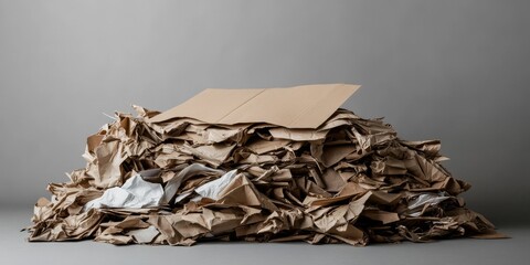 A substantial pile of brownish paper, similar in appearance to crumpled cardboard, shows a slightly lifted top sheet against a simple gray backdrop.