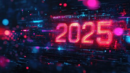 Creative New Year greeting card with futuristic "2025" design and bright colors