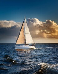 Sailing yacht in the sea at sunset. Dramatic cloudscape.