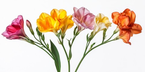 Obraz premium Vibrant freesia blooms showcase their beauty with fragrant flowers against a clean white background, highlighting the exquisite details of freesia in stunning visual appeal.