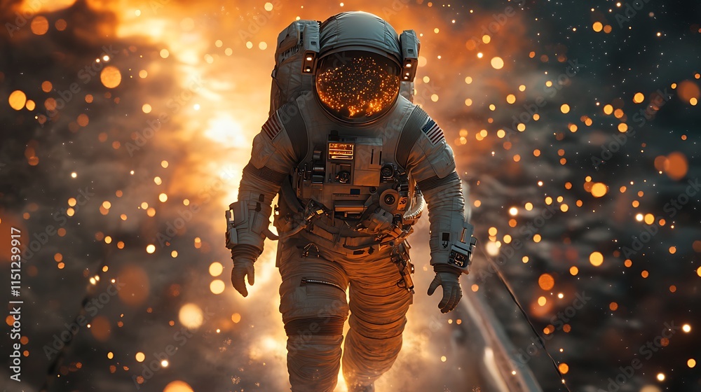 Wall mural an astronaut traversing a shimmering stardust bridge, luminous particles floating around, deep space