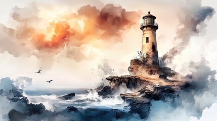 majestic abandoned lighthouse on rocky shore: a dramatic hdr poster perfect for coastal decor, capturing the enchantment of crashing waves and a mystical sky