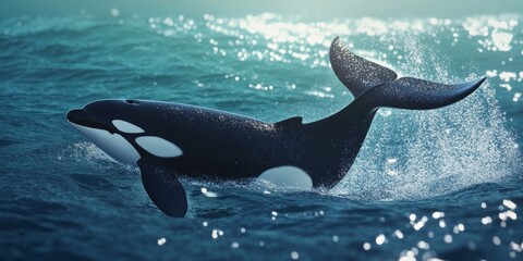 Obraz premium Orca killer whale playfully waves its tail above the deep sea waters, showcasing the majestic beauty of the orca in its natural habitat while engaging with the depths of the ocean.