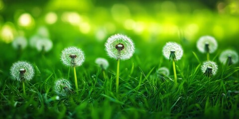 Dandelion seeds beautifully display amidst vibrant green grass by the roadside, creating a natural scene that highlights the charm of dandelion growth in open spaces.
