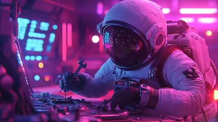 An astronaut using tools to repair a satellite, stars glowing softly in the background, cinematic lighting highlighting the mechanics and suit details, hd quality,