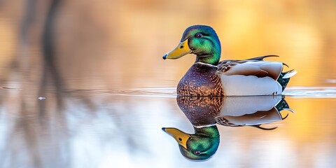 Obraz premium Male Mallard Duck seen with a beautiful reflection in the water, showcasing the vivid colors and distinct features of the male Mallard Duck in a serene natural setting.