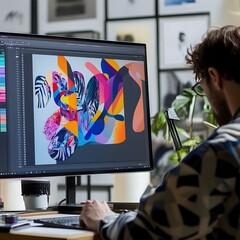 A photo of a graphic designer working on a colorful project on a large monitor.